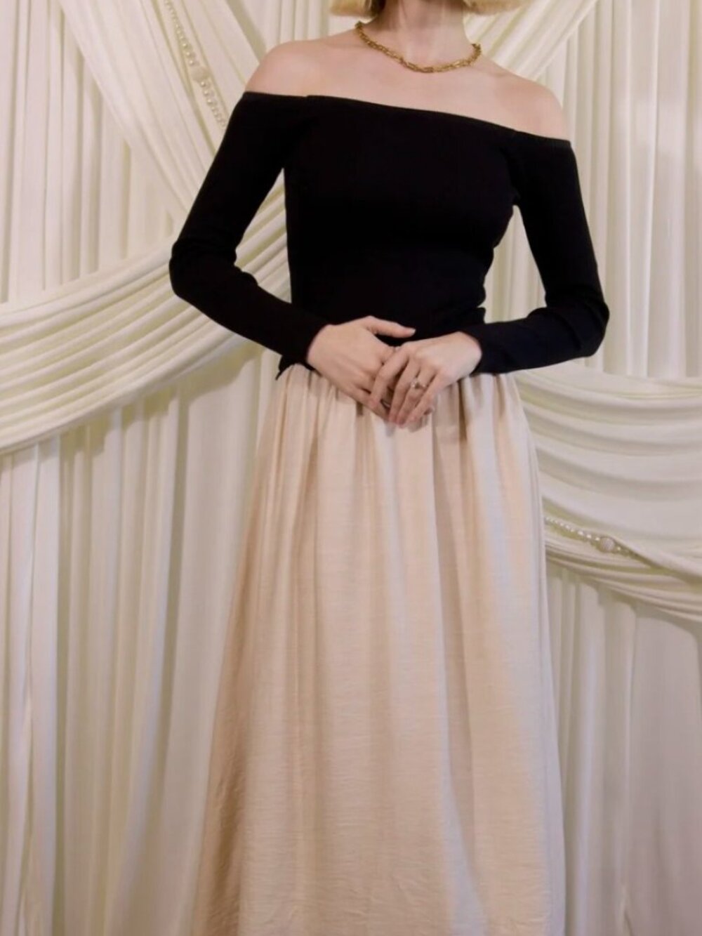 Moon River Black and Cream off shoulder dress